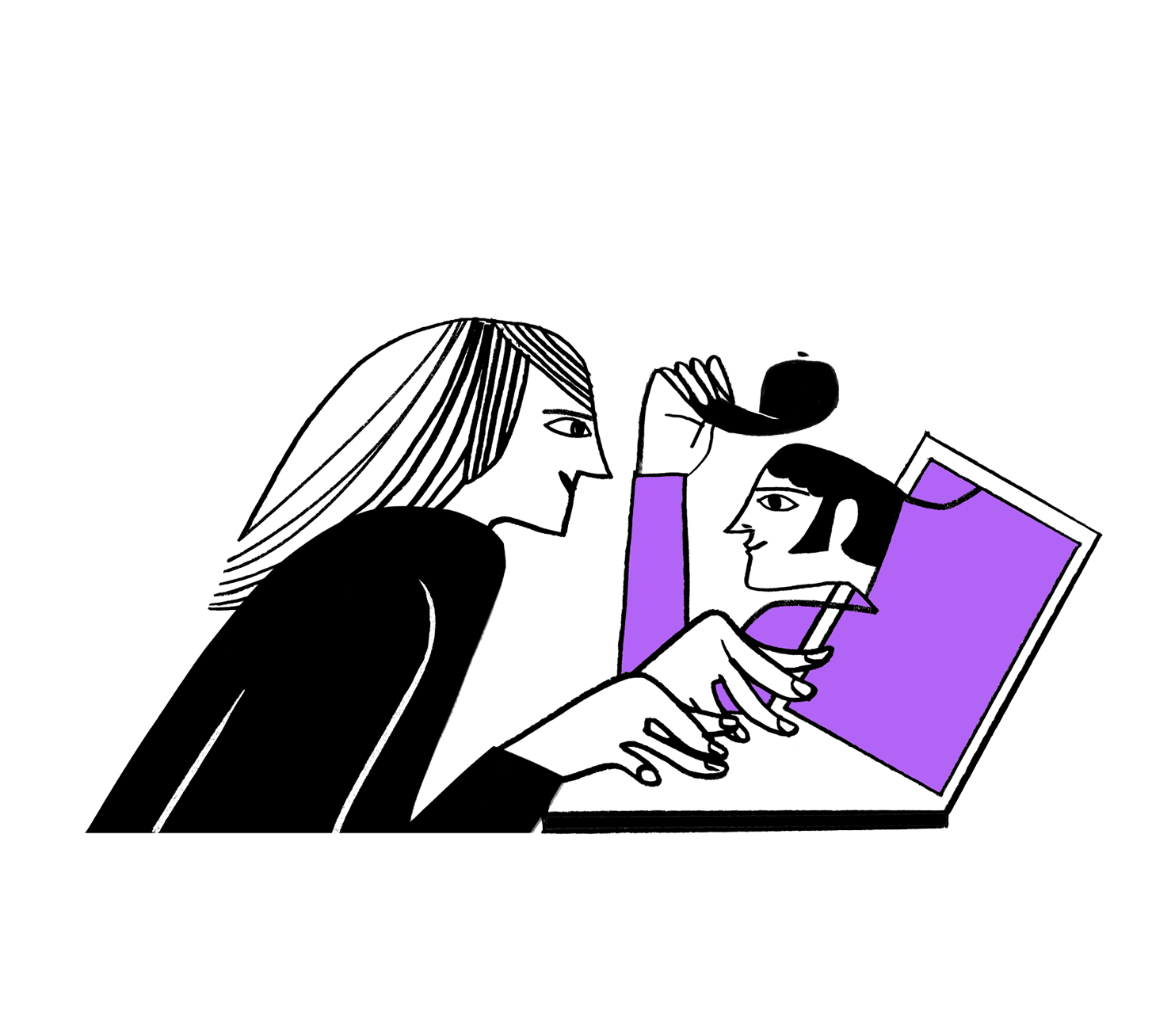 illustration of a woman typing on computer and a person coming out of the screen